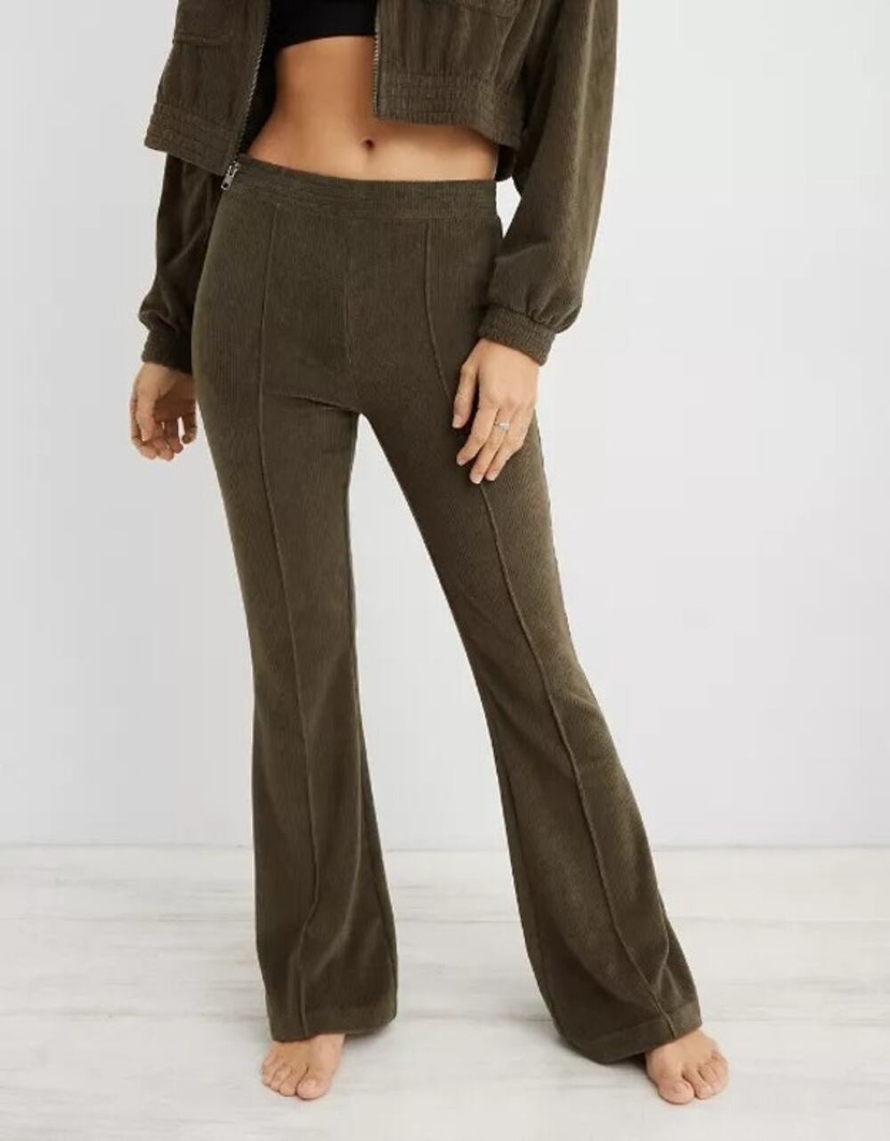 Aerie Natural Olive Green Pull On Groove On Rib Velour Flare Loungewear Pants M